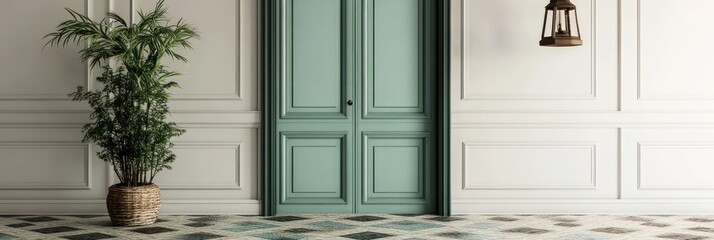 Elegant Interior With Green Door And Plant