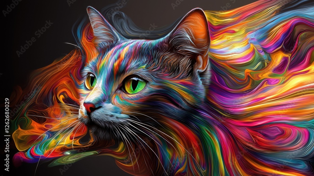 Poster colorful cat portrait with vibrant swirls of abstract patterns radiating from its fur