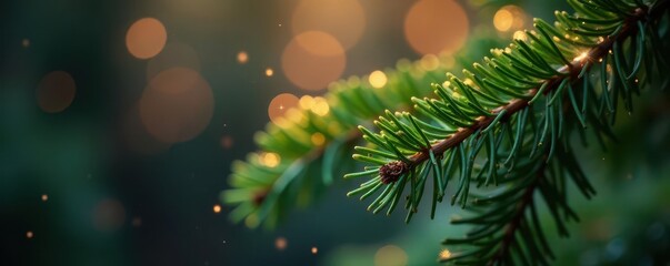 Close-up glittering pine needles, festive bokeh , nature, high resolution, image
