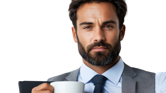 Professional businessman in office setting with coffee confidence