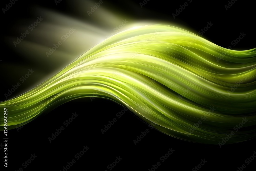 Poster on a dark backdrop, a colorful matrix green light texture bleeds through. the image is softly defocu