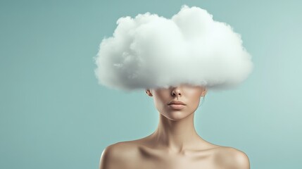 Studio portrait of a young woman with a cloud covering her eyes, creating a surreal and thought provoking image about abstract thinking, information overload, and mental states