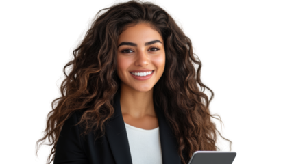 Businesswoman smiling with smartphone office portrait professional setting close-up confidence