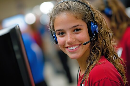 A young and attractive woman in a red shirt sits at a table, clad in a red jacket, wearing headphones and a microphone