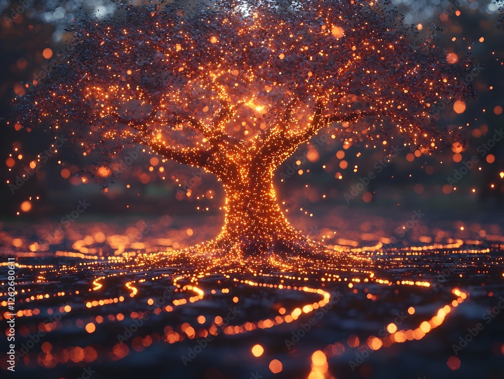 Poster glowing tree with reaching branches connecting to diverse screens distance learning concept