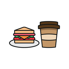 Drink and sandwich set food icon in flat style, featuring a refreshing beverage in a cup with a straw and a delicious sandwich with layers of fillings.