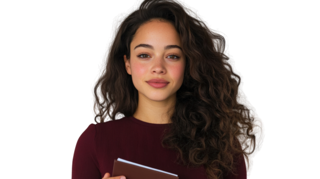 Young woman holding notebook indoor portrait photography natural light focused expression