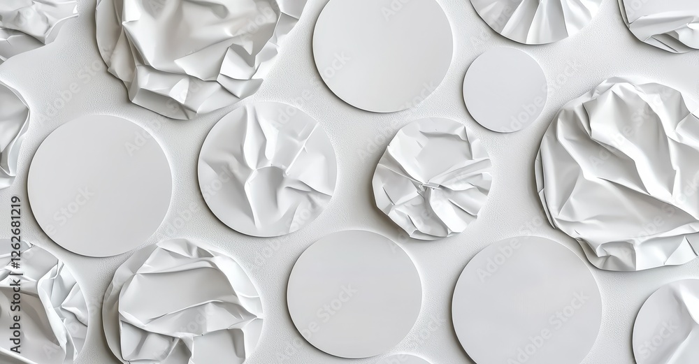 Poster mockup featuring white stickers with blank labels available in multiple shapes, including circle wri
