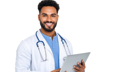 Smiling healthcare professional with tablet in bright medical office