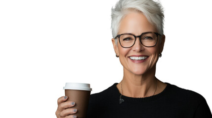 Close-up of a happy woman savoring coffee in an urban setting