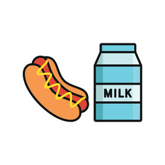 Milk and hot dog set food icon represents a unique meal combination, perfect for fast food designs, restaurant menus, and snack-themed illustrations.