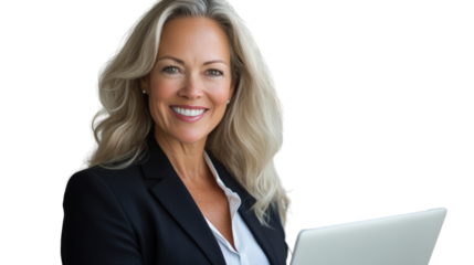 Businesswoman working on laptop office portrait professional environment confident viewpoint