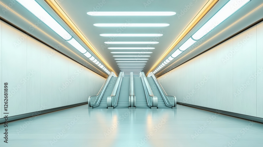 Poster modern subway station with sleek escalators and minimalist design, creating an efficient urban trans