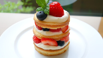 Elegant Berry Dessert Tower with Cream Cheese Frosting and Fresh Mint Garnish on a White Plate