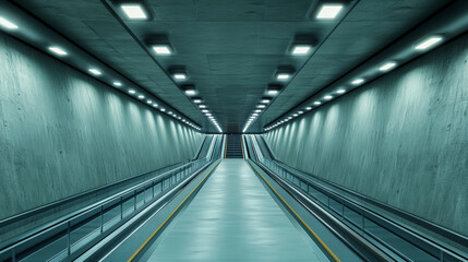 Naklejka premium Explore a modern underground walkway with futuristic lighting, perfect for urban architecture enthusiasts seeking innovative design inspiration.