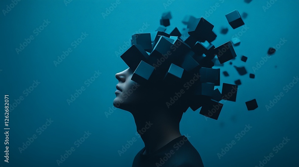 Poster profile of a man with cubes exploding from his head, symbolizing information overload, stress, burno