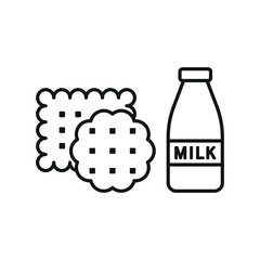 Milk and biscuit set food icon in flat style, featuring a glass of fresh milk and a stack of crispy biscuits, perfect for snack and dairy themes.