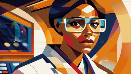 Black female scientist looking intently at technological display. Wearing distinctive white-framed glasses with serious expression. Concept: STEM education, research laboratory, tech innovation