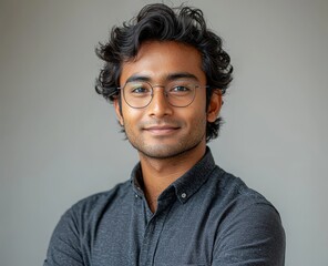 Fototapeta premium PNG image of a charming assertive young businessman with crossed arms, offering a warm smile at his colleagues, standing in an empty space with glasses, set against an isolated transparent