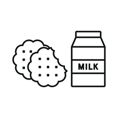 Milk and biscuit set food icon in flat style, featuring a glass of fresh milk and a stack of crispy biscuits, perfect for snack and dairy themes.