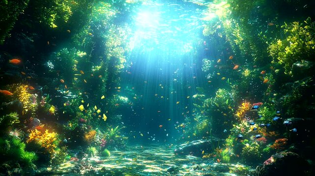 Underwater scene with sun rays filtering through crystal-clear water, illuminating vibrant marine life. Ocean exploration concept. Seamless looping 4K time-lapse animation video background