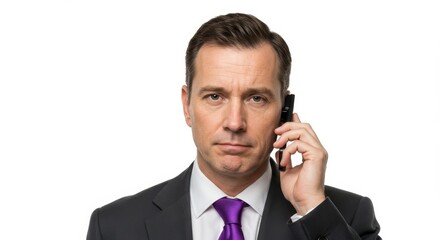 Man in asuit with a purple tie holding a phone to his ear, isolated on a white background.