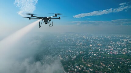 A futuristic drone spraying anti-pollution mist over a city.