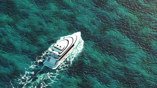 Luxury Yacht Cruising on a Lagoon Among Coral Reefs in a Sea, Beautiful Background, Seamless Looping 3d Animation, 4K Ultra HD 3840x2160