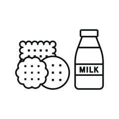 Milk and biscuit set food icon in flat style, featuring a glass of fresh milk and a stack of crispy biscuits, perfect for snack and dairy themes.
