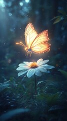 Butterfly dances with a glowing aura above a delicate flower in a mystical forest