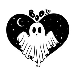 Black and white cute ghost illustration with a spooky 'Boo!!' text inside a heart-shaped night sky. Perfect for Halloween, festive decor, stickers, tattoos, greeting cards, and fun spooky designs