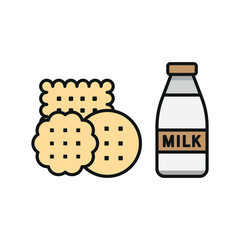 Milk and biscuit set food icon in flat style, featuring a glass of fresh milk and a stack of crispy biscuits, perfect for snack and dairy themes.
