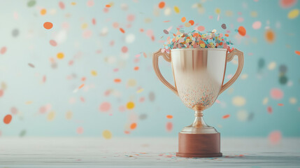 Golden trophy with colorful confetti symbolizes achievement and victory, ideal for celebrating success and excellence in competitive events.