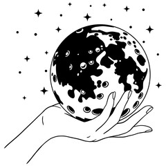Black and white line art of a delicate hand holding a detailed full moon, surrounded by twinkling stars. A mystical, celestial, and elegant tattoo-style illustration symbolizing cosmic energy and drea
