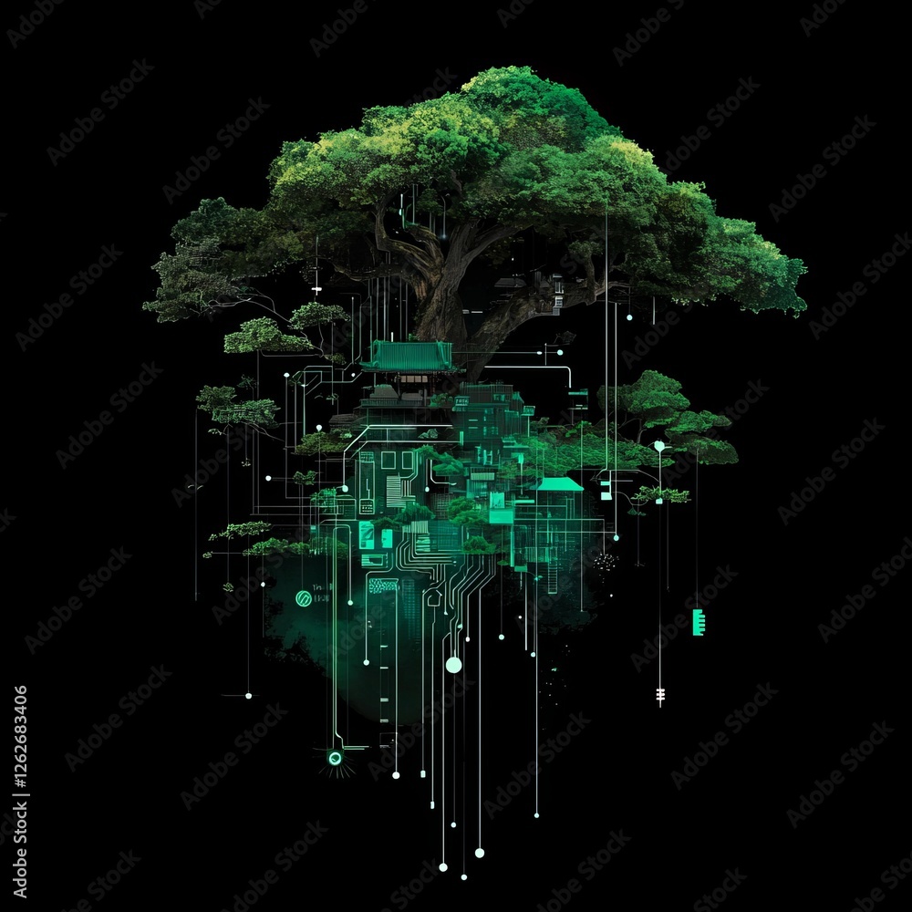 Poster a digital tree logo embellished with matrix-style symbols and numerals illustrating data science, bi