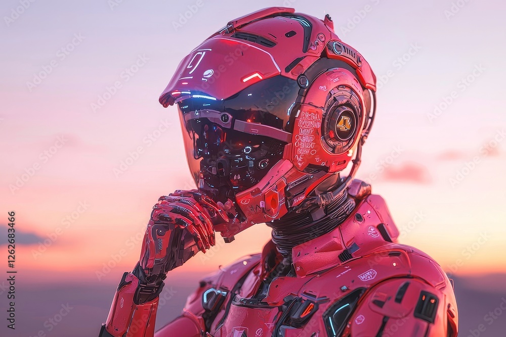 Poster a stock robot deep in thought about the world, gaze fixed on the city in a futuristic scene