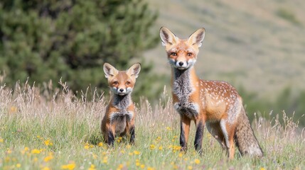 Fototapeta premium Red fox vixen and kit in mountain meadow