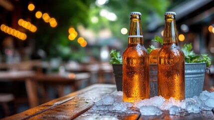 Iced beer bottles on wooden table, outdoor cafe setting, warm evening