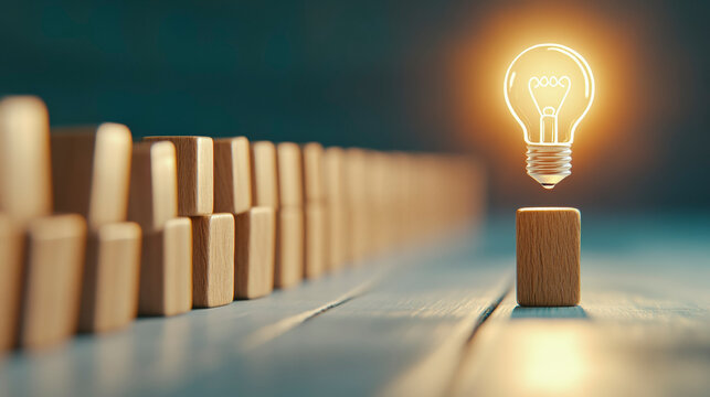Innovative leadership concept: Glowing light bulb over wooden block, symbolizing creativity, inspiration, and strategic thinking in business.
