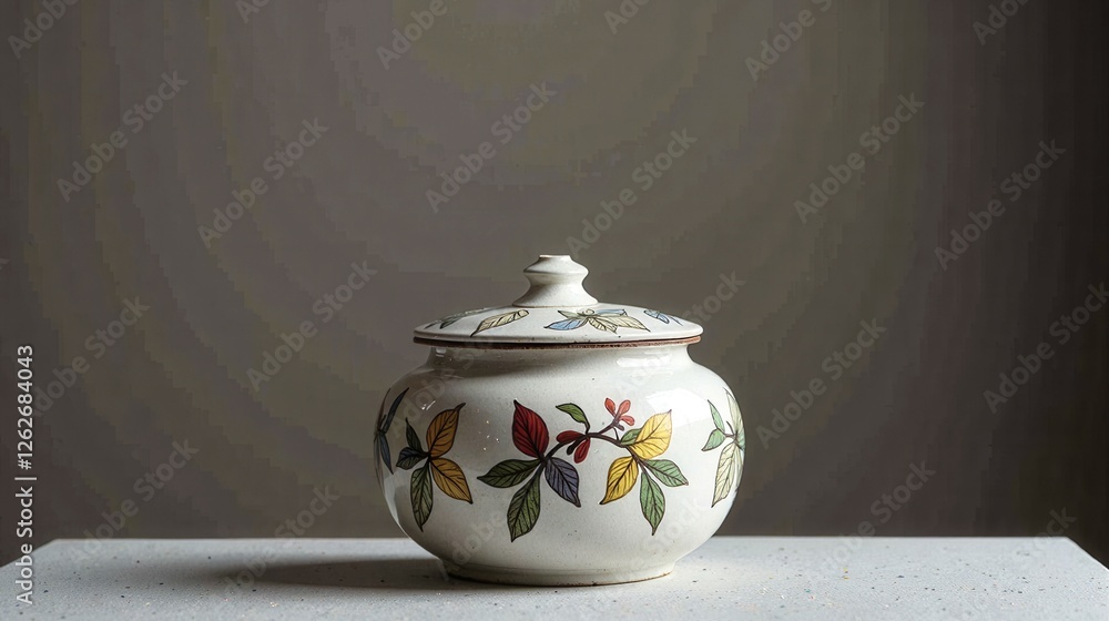 Poster a white ceramic vase with a colorful design sits on a table. the vase is empty and has a lid on top.