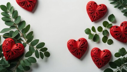 A decorative flat lay of red filigree hearts arranged among fresh green leaves on a white background, symbolising love and romance