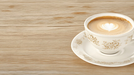 Elegant Latte Art Heart in White Ceramic Cup on Light Wood Table Top Serene Coffee Break Scene