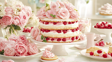 Elegant Layered Cake Adorned with Pink Roses and Fresh Raspberries a Culinary Artistry Display