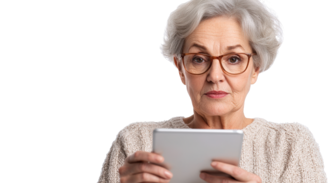 Engaged elderly woman with tablet in home indoor portrait photography