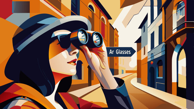 Woman looking through binoculars at European city street. Styled in mid-century modern aesthetic with bold colors and vintage travel elements. Concept: tourism, travel agency, city tours - Powered by Adobe