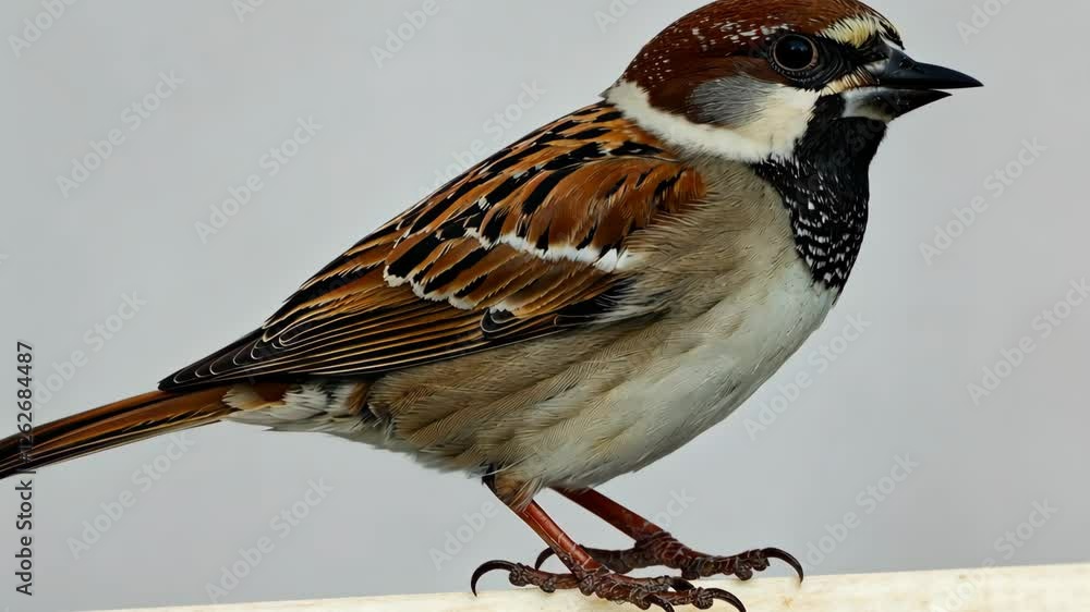 Poster sparrow perched on a railing showcasing its colorful plumage in a serene garden setting during dayli