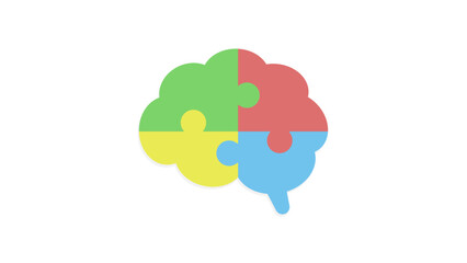 A brain made of four interlocking puzzle pieces in green, red, yellow, and blue, symbolizing organized and coherent ideas, problem-solving, and cognitive function.
