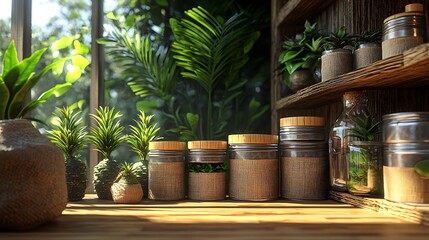 Fototapeta premium A close-up of a 3D zero-waste product lineup, sustainable packaging including metal containers, bamboo lids, and biodegradable wraps, ambient soft lighting with a slight shadow play, minimalistic