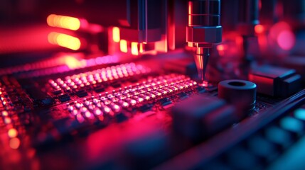 Fototapeta premium Automated machinery operates in a microchip packaging and assembly line, showcasing precise components and vibrant lighting. The scene emphasizes advanced technology and efficiency in production.