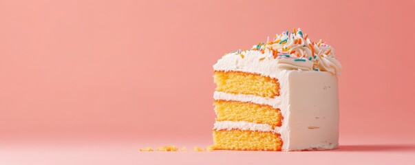 A vibrant slice of yellow cake topped with white frosting and colorful sprinkles against a soft pink background.